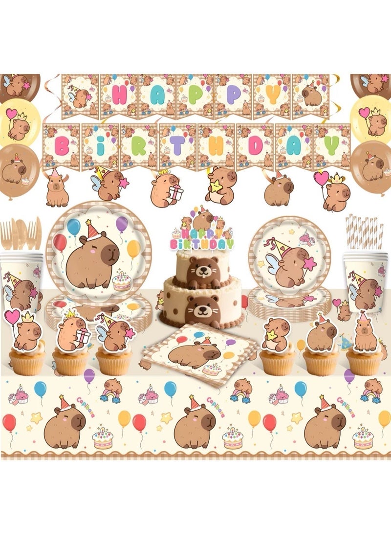 153 قطعة لوازم حفلة عيد ميلاد كابيبارا لطيفة - مجموعة أدوات مائدة حفلة بمواضيع كابيبارا البرتقالية لزينة عيد الميلاد يمكن أن تخدم 10 ضيوف - Image 1